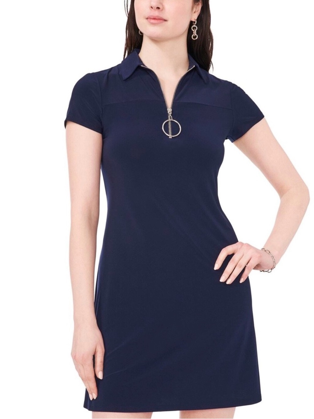 Navy Short Sleeve Polo Dress with Zip Ring Pull in XS
